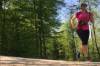 Sarina joggt im sonnigen Frühling auf einem Weg durch einen Laubwald